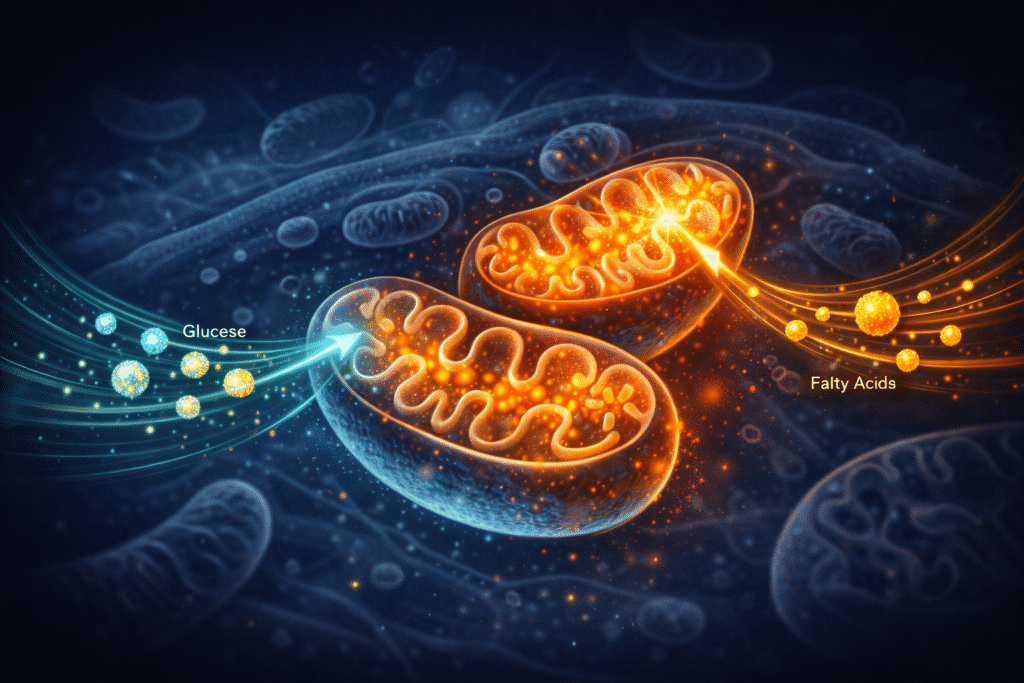 metabolic flexibility diagram showing mitochondria burning both glucose and fatty acids as dual fuel sources for cellular energy production