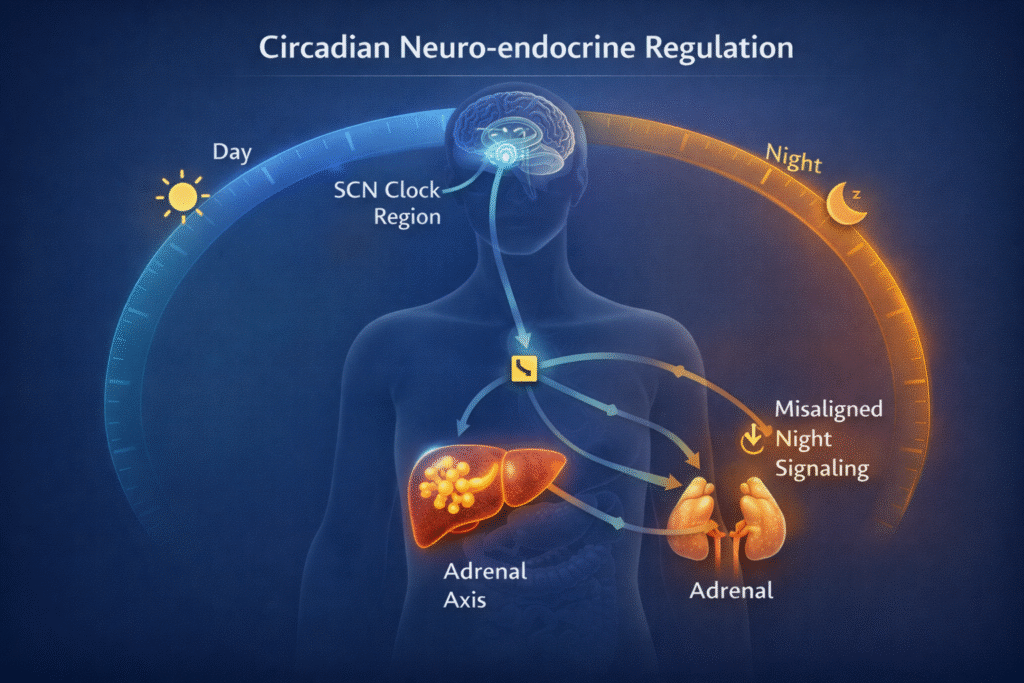 circadian rhythm and metabolism diagram showing brain SCN clock region controlling adrenal axis liver and hormonal signaling through day and night cycle