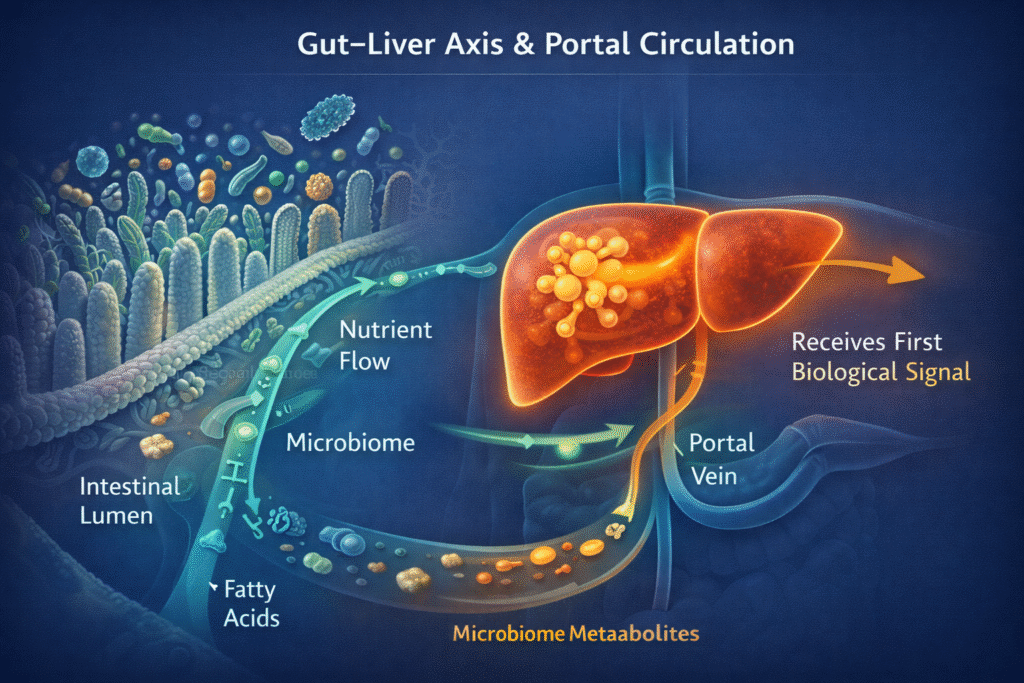 gut health and liver connection diagram showing gut-liver axis portal vein microbiome metabolites and nutrient flow driving hepatic insulin resistance