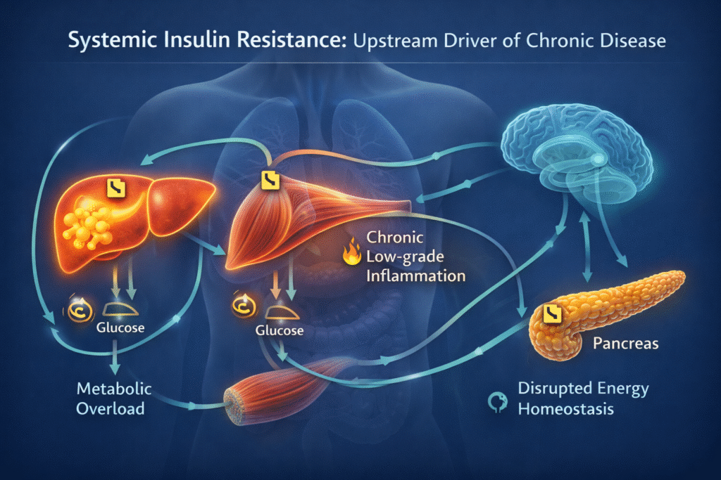 insulin resistance and chronic disease diagram showing systemic insulin resistance as upstream driver connecting liver muscle brain and pancreas through chronic inflammation and metabolic overload