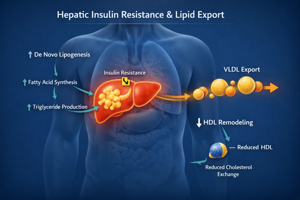 TG HDL ratio explained through hepatic insulin resistance diagram showing triglyceride production VLDL export and reduced HDL