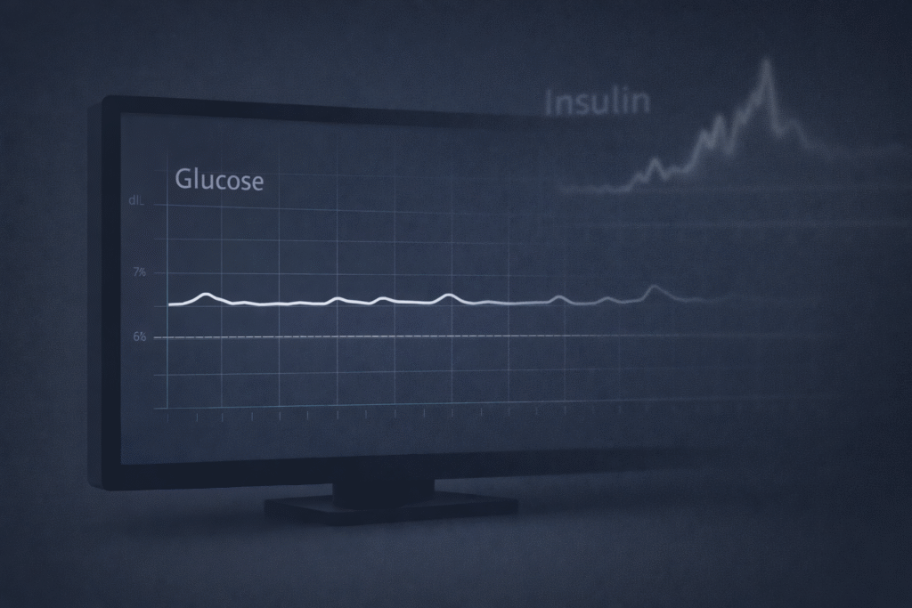 graph showing normal blood sugar but insulin resistance with glucose flat while insulin spikes dramatically over time