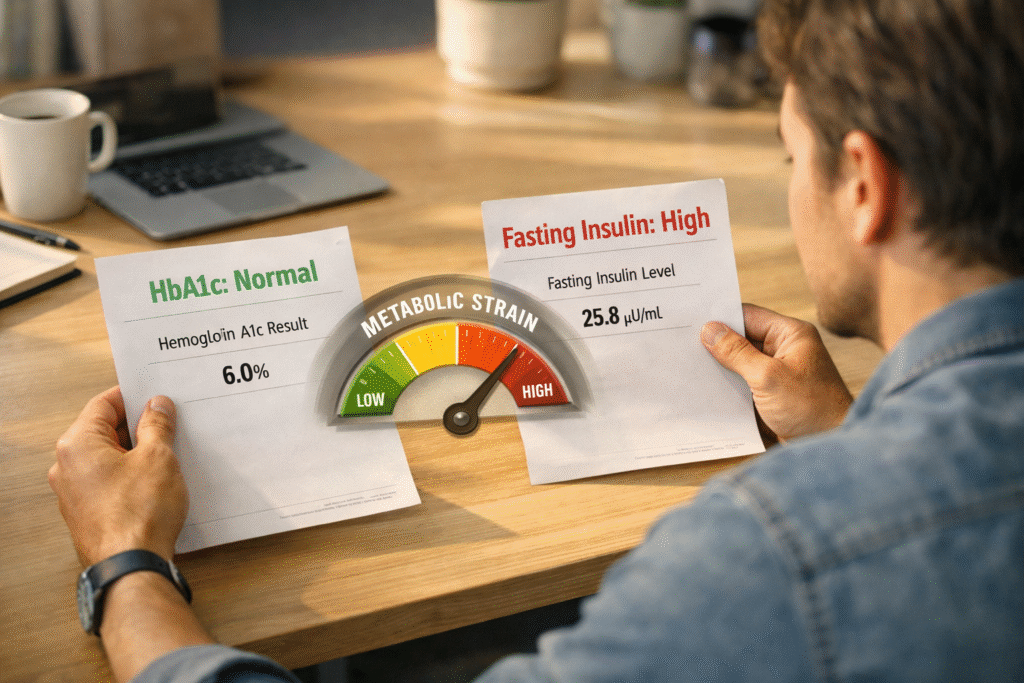 fasting insulin test result showing high insulin alongside normal HbA1c indicating hidden insulin resistance