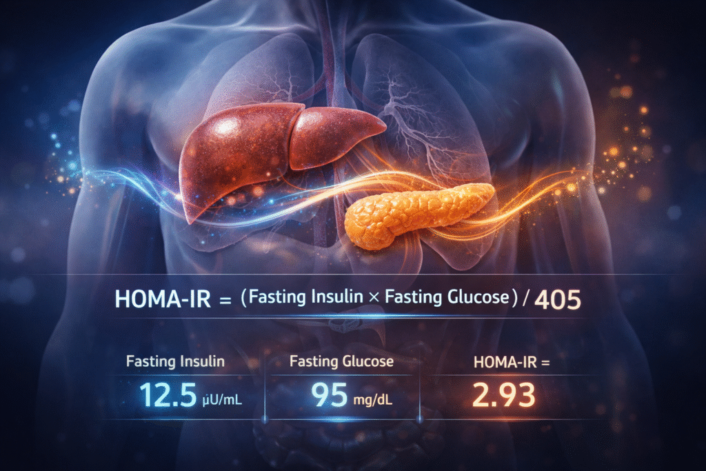 HOMA-IR insulin resistance test formula showing fasting insulin and fasting glucose calculation