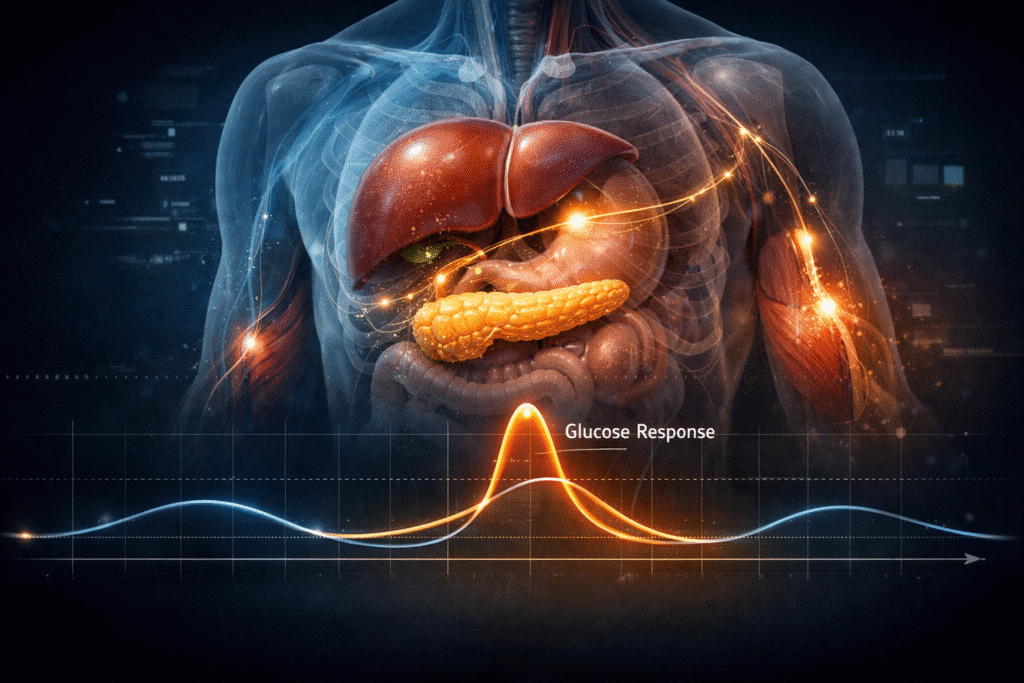 blood sugar spike after eating shown in glucose response curve with liver and pancreas