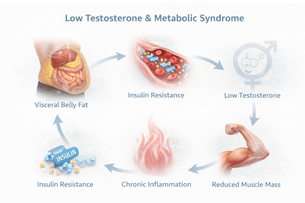 Low testosterone and metabolic syndrome diagram showing how insulin resistance and belly fat contribute to hormonal imbalance.