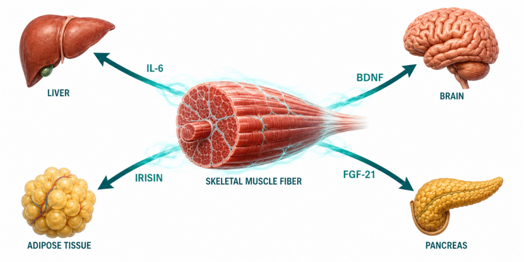 skeletal muscle releasing myokines IL-6 irisin BDNF to liver brain and adipose tissue