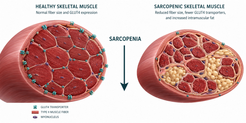 sarcopenia — cross-section comparison of healthy muscle fiber versus atrophied muscle with reduced GLUT4 and fat infiltration