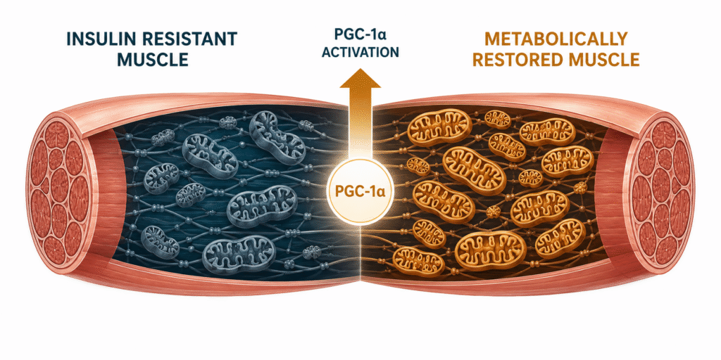 mitochondrial density comparison between insulin resistant skeletal muscle and metabolically restored muscle with PGC-1α activation