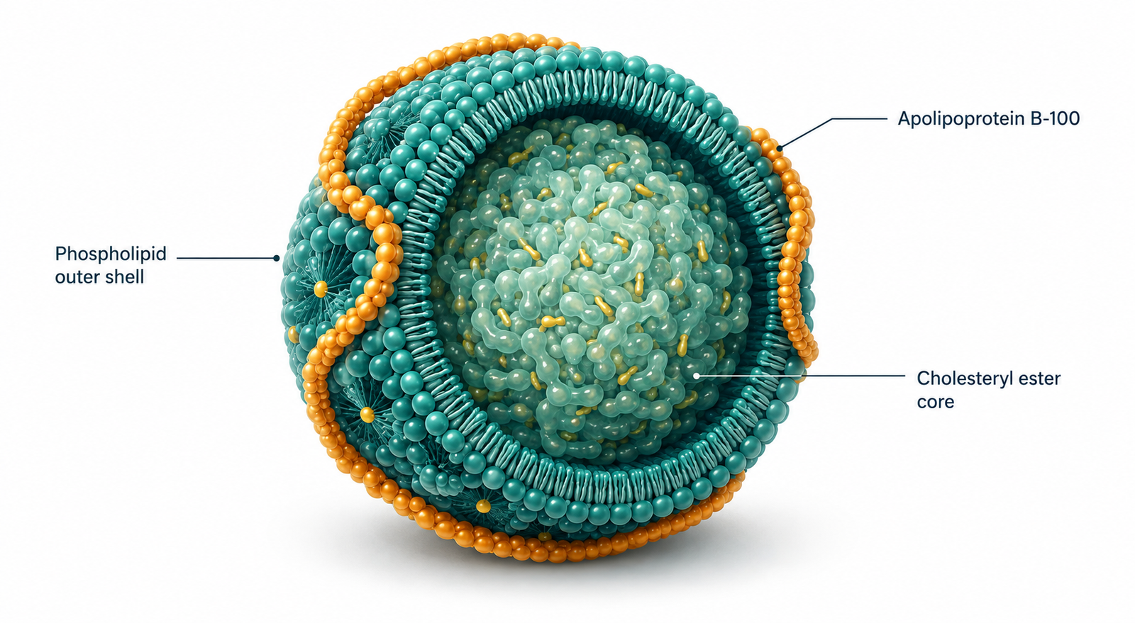 Web Image Nov 1 243 LDL Particle Physiology: What Low-Density Lipoprotein Actually Does in You Cross-section diagram illustrating LDL particle physiology, showing the apoB-100 protein and cholesteryl ester core