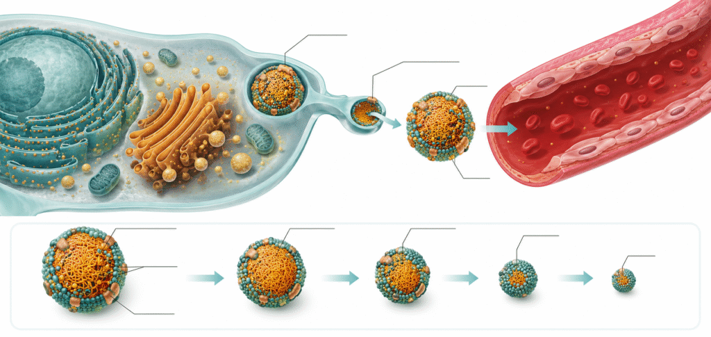 Web Image Nov 1 244 VLDL Metabolism: How the Liver's Fat-Export System Drives Triglycerides and Small Dense LDL Diagram illustrating VLDL metabolism, showing hepatic triglyceride export and conversion toward LDL