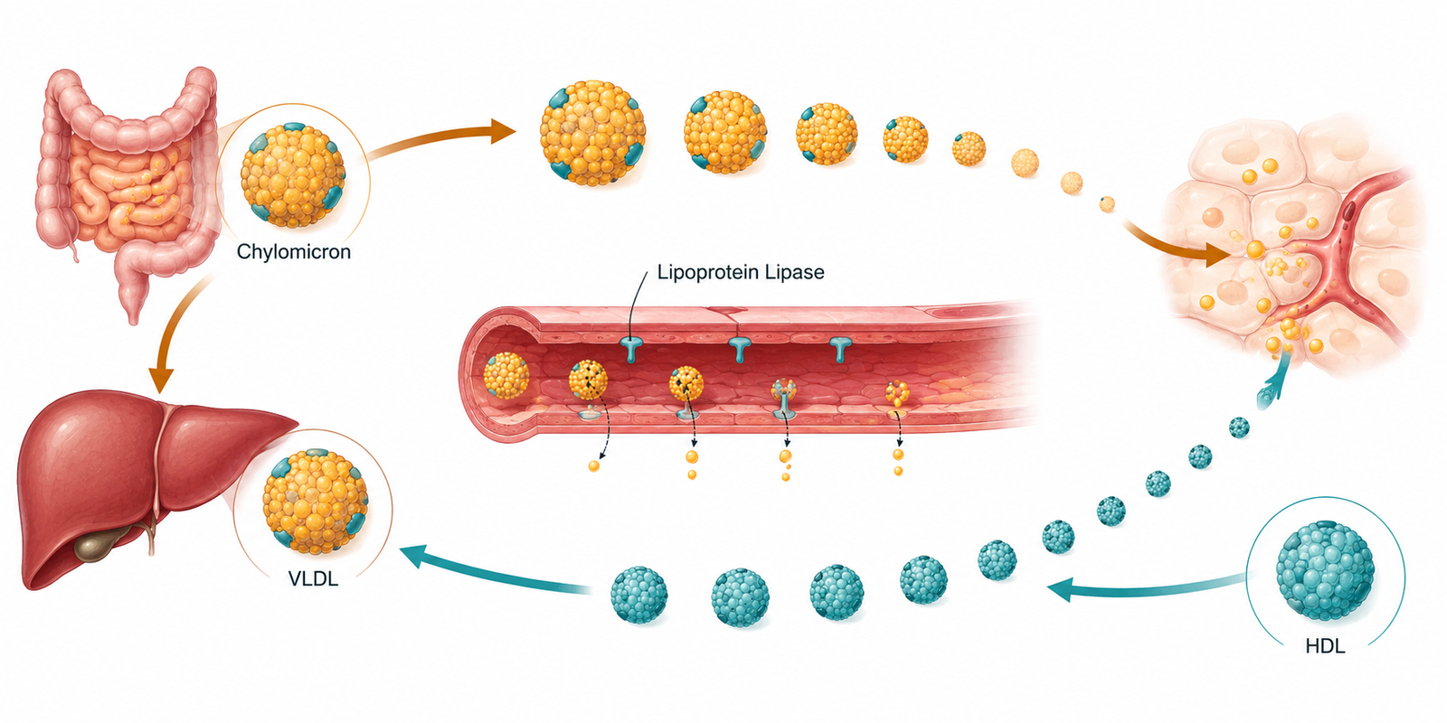 Web Image Nov 1 245 Lipoprotein Particle Transport: How Cholesterol Actually Moves Through the Body Diagram illustrating lipoprotein particle transport, showing outward VLDL and chylomicron flow and the HDL return pathway